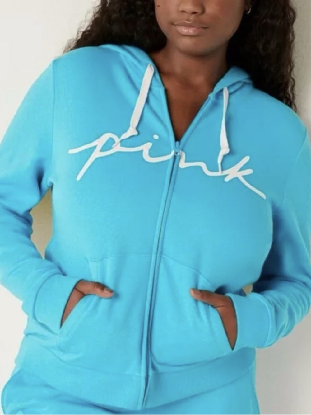 PINK Victoria's Secret Turquoise Zip-Up Hoodie with White Script